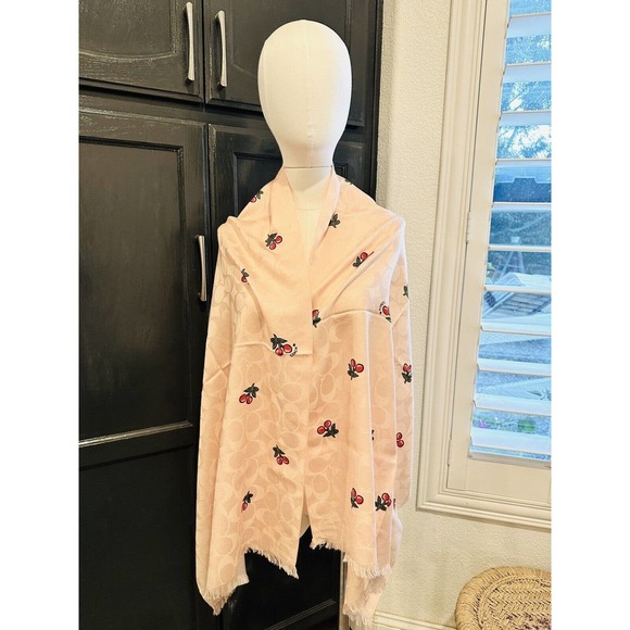 NWT Coach Women Signature Cherries Print Wrap Scarf Wool & Silk Blush Pink $175 - Picture 8 of 8